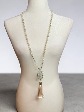 Beaded Tassel Pendant Necklace - Aqua Multi